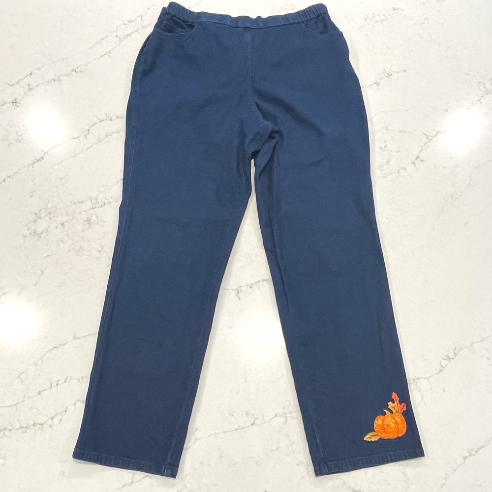 Quacker Factory Pull On Denim Pants Womens Large Blue Cottagecore Pumpkin Fall